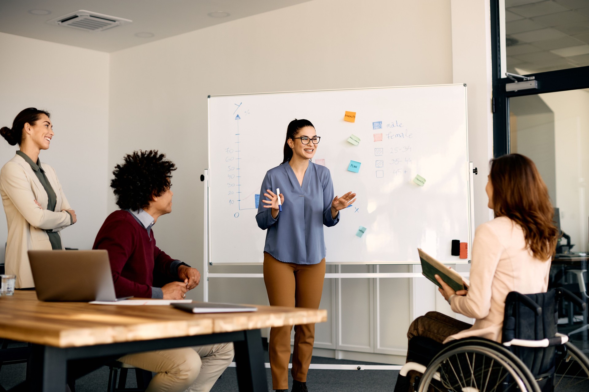 Young happy businesswoman giving presentation to group of her colleagues in meeting room.